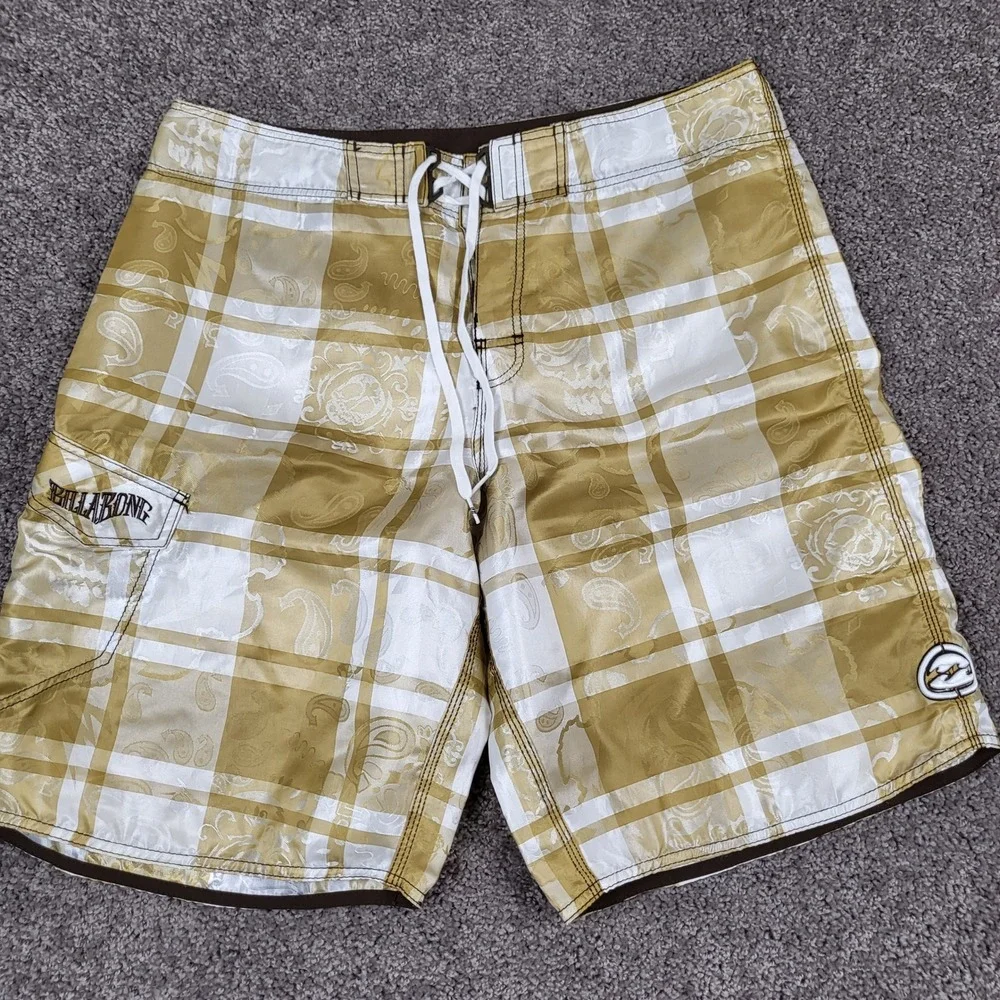 Billabong Men Board Shorts Plaid Paisley Skull Y2K Swim Trunks Gold Size 36 Rare